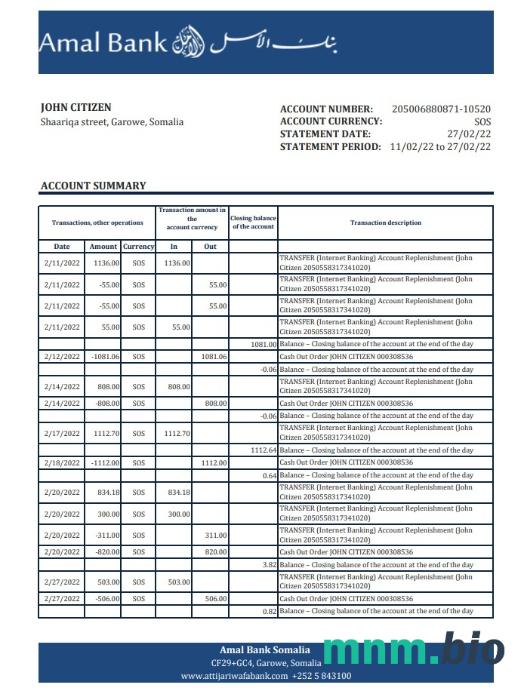 Szablon wyciągu bankowego Somalia Amal w formacie Word i PDF
